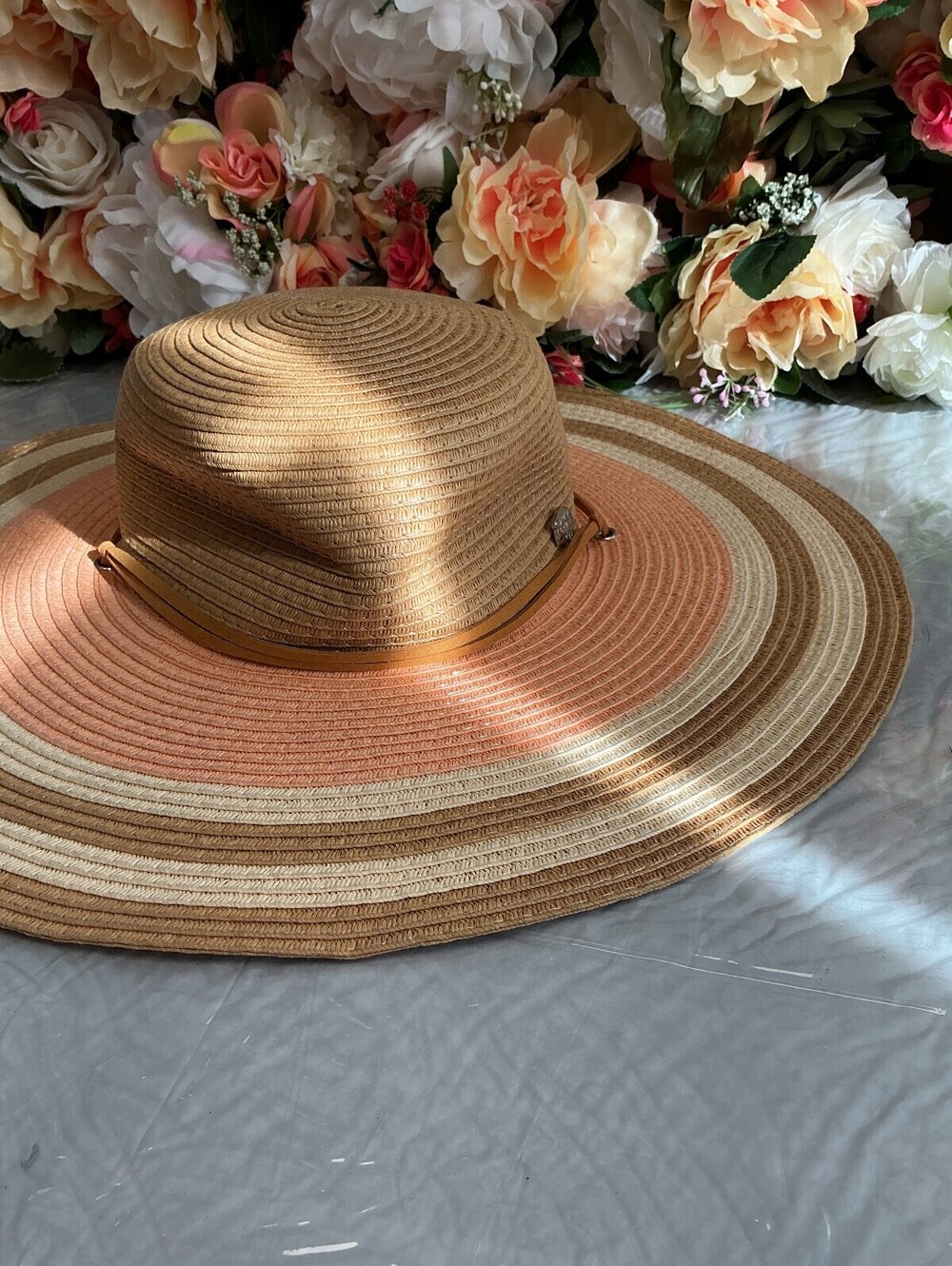 Banana Boat Striped Wide Brim Sun Hat Tan Peach One Size